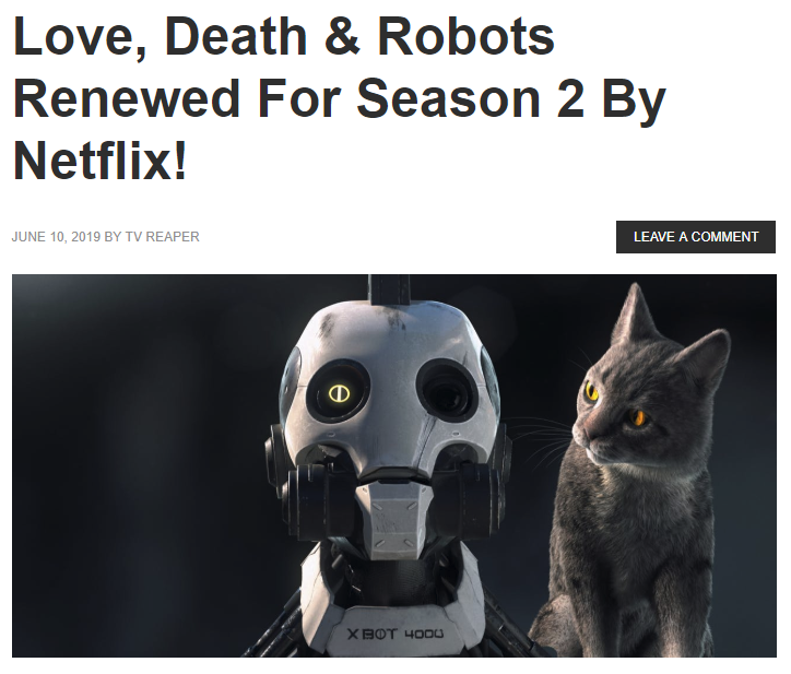 《爱，死亡与机器人》第二季获续订 将于2020年推出